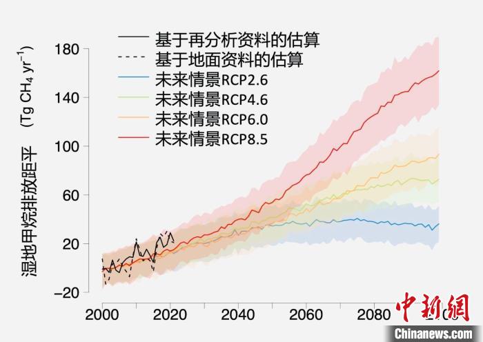 基于觀測(cè)的濕地甲烷排放變化與未來(lái)氣候變化情景下估算的對(duì)比。　中科院青藏高原所 供圖