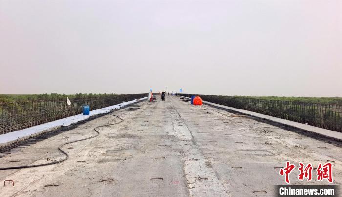 工作人員正在橋面上緊張有序地施工?！∈酚窠?攝