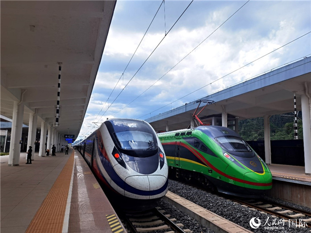 “復(fù)興號(hào)”和“瀾滄號(hào)”國(guó)際旅客列車(chē)?？吭诶蠐肽ザ≌尽Ｈ嗣窬W(wǎng) 杜明明攝