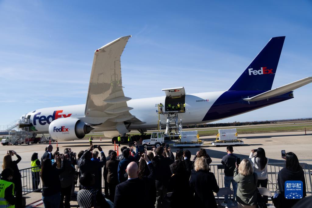 11月8日，在美國(guó)弗吉尼亞州的華盛頓杜勒斯國(guó)際機(jī)場(chǎng)，裝有大熊貓的特制“旅行包廂”準(zhǔn)備運(yùn)上專(zhuān)機(jī)。新華社記者劉杰攝