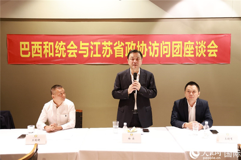 江蘇省政協(xié)副主席楊岳（中）在座談會上致辭。人民網(wǎng)記者 陳海琪攝