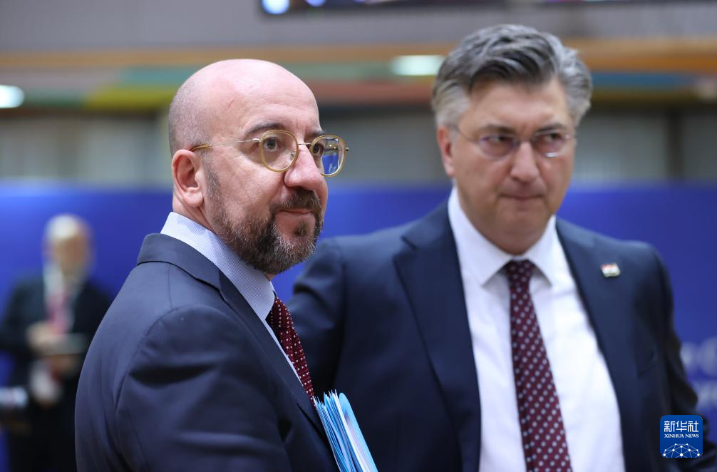 2月1日，歐洲理事會主席米歇爾（左）出席在比利時布魯塞爾舉行的歐盟特別峰會。新華社記者 趙丁喆 攝