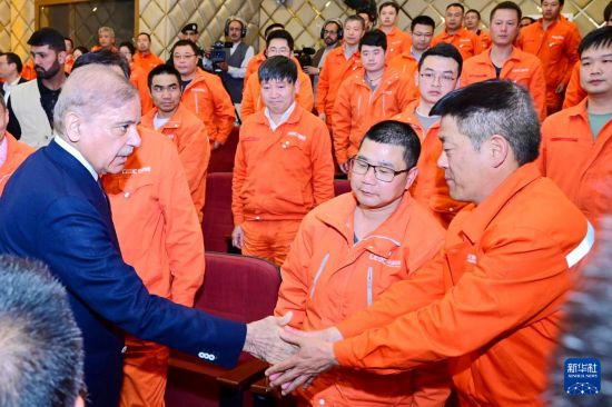 4月1日，在巴基斯坦西北部開伯爾-普什圖省達(dá)蘇，巴基斯坦總理夏巴茲（左）同達(dá)蘇水電站項(xiàng)目中方員工握手。新華社發(fā)（巴基斯坦新聞與廣播部下轄媒體信息部門供圖）