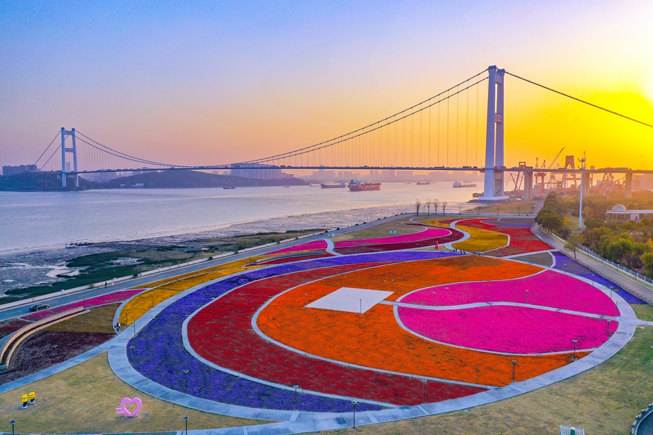 靖江長江畔的音樂花海廣場。盛義攝