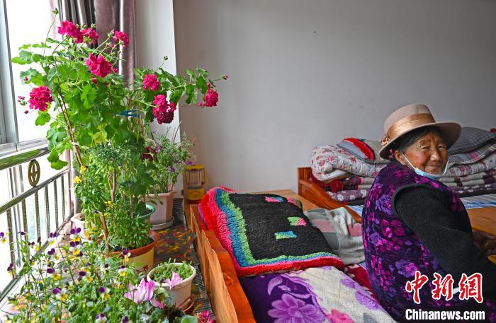 圖為曲松縣特困人員集中供養(yǎng)中心老人德吉卓嘎與她的花?！≮w朗 攝