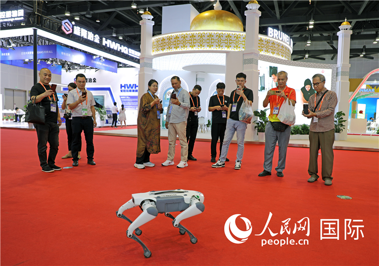 東博會上，觀眾正在參觀一只機(jī)器狗。綠色能源、新能源汽車、綠色農(nóng)產(chǎn)品等成為本屆東博會觀眾關(guān)注的焦點。人民網(wǎng)記者 趙益普攝