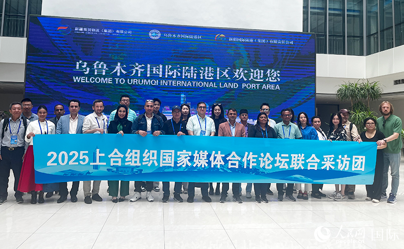 5月26日，外國媒體人在烏魯木齊國際陸港區(qū)合影留念。 人民網(wǎng)記者 翟轉麗攝