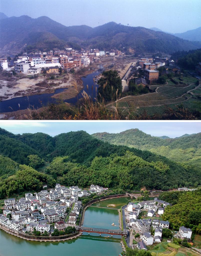 圖為浙江省杭州市淳安縣楓樹(shù)嶺鎮(zhèn)下姜村拼版圖，其中上圖為資料照片、下圖由新華社記者張鋮攝。