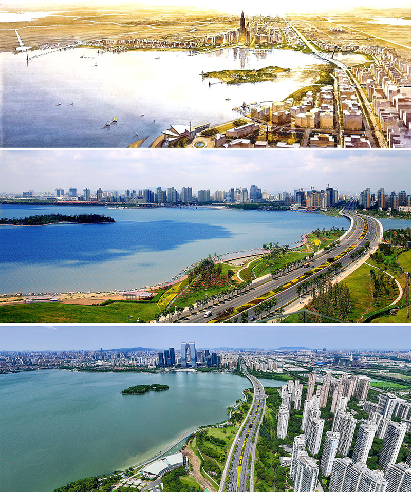 拼版照片：上圖為1994年繪制的蘇州工業(yè)園區(qū)手繪規(guī)劃圖；中圖為2007年拍攝的蘇州工業(yè)園區(qū)；下圖為2023年7月4日用無人機(jī)拍攝的蘇州工業(yè)園區(qū)。