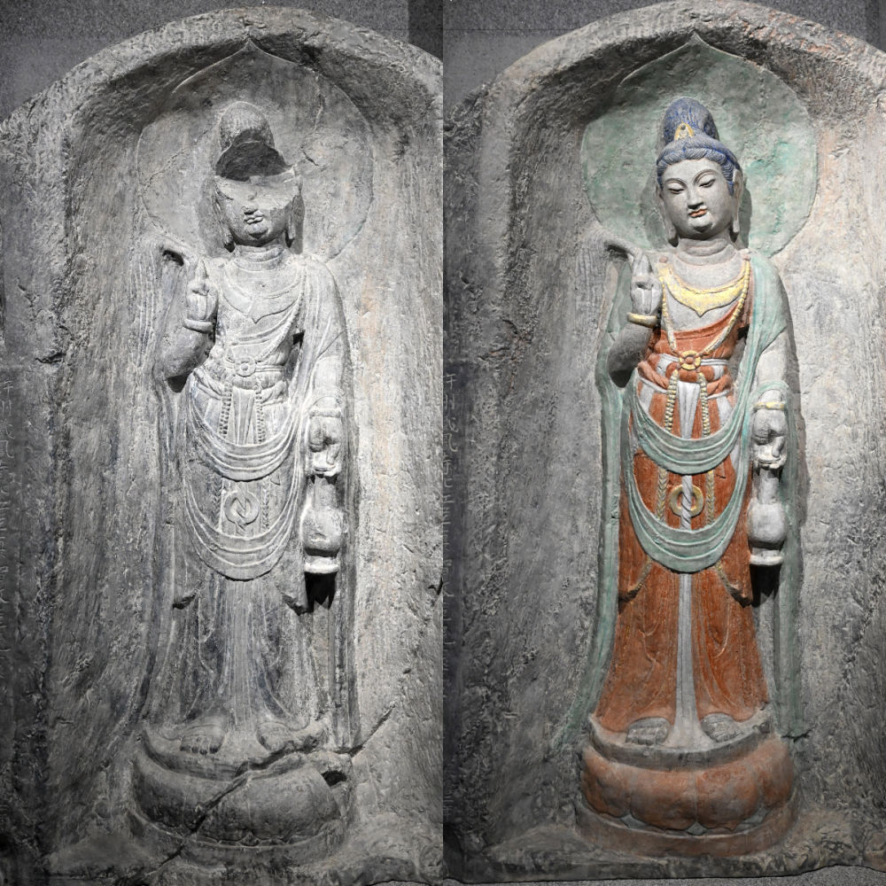 左圖為龍門(mén)石窟萬(wàn)佛洞窟前南壁菩薩造像的3D打印模型；右圖為利用數(shù)字化技術(shù)復(fù)原后的3D打印模型（2025年4月10日攝，拼版照片）。復(fù)原后的像龕精妙絕倫，栩栩如生，被游客譽(yù)為“龍門(mén)最美菩薩”。圖片來(lái)源新華社