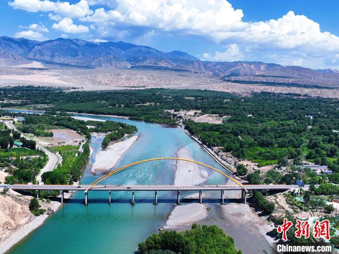 航拍貴德縣黃河岸畔綠意盎然。　馬銘言 攝