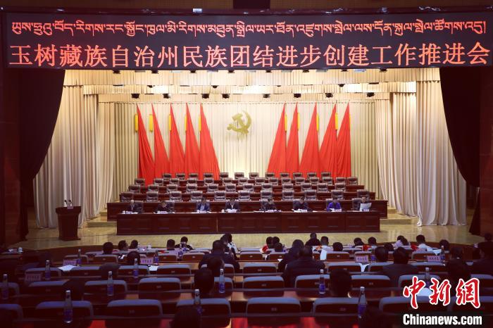 圖為玉樹州民族團結進步創(chuàng)建工作推進會現(xiàn)場?！『F龍 攝