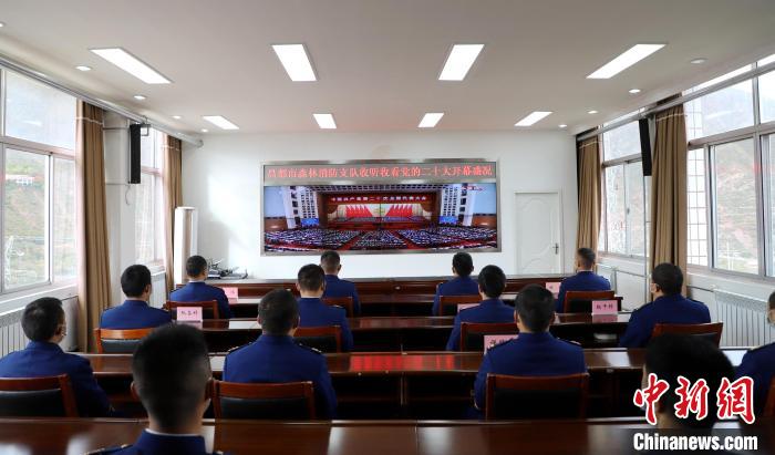 圖為西藏昌都市森林消防支隊(duì)收看二十大開幕直播?！⌒焖寂?攝