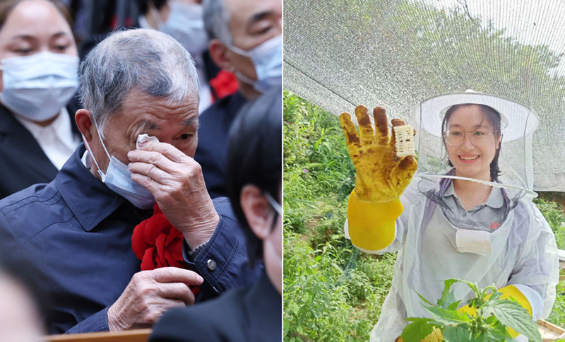 左圖為2021年2月25日，黃文秀的父親黃忠杰在全國脫貧攻堅表彰大會上；右圖為黃文秀生前工作照。
