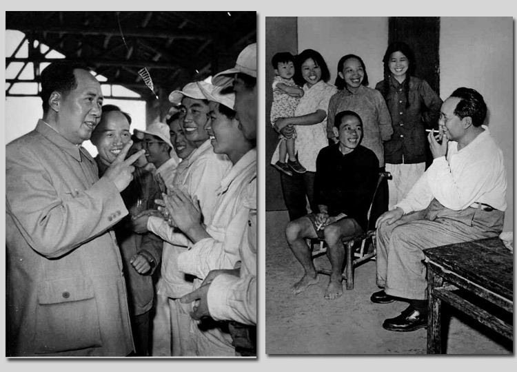 左圖：1959年，毛主席在安徽視察工廠時，同煉鋼工人親切談話。右圖：1959年，毛主席在湖南視察韶山，同貧農(nóng)社員親切談話。